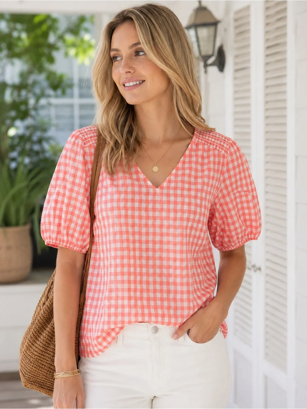 J.Crew Gingham Smocked Puff Sleeve Blouse Coral White Size Large Cotton